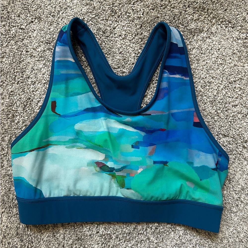 Janji Blue Green Reversible Abstract Racerback sports bra